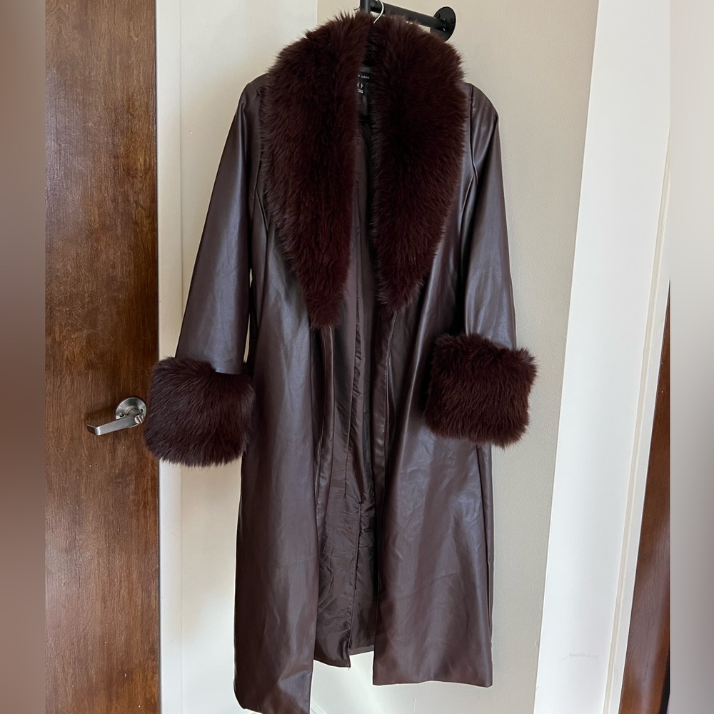 Faux leather coat with fur cuffs